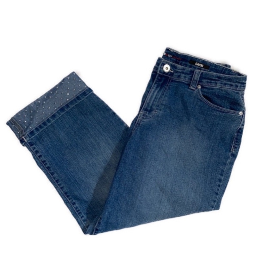 Style & Co Women’s 12 Jeans Denim Capri Medium Wash Rhinestone Fold EUC